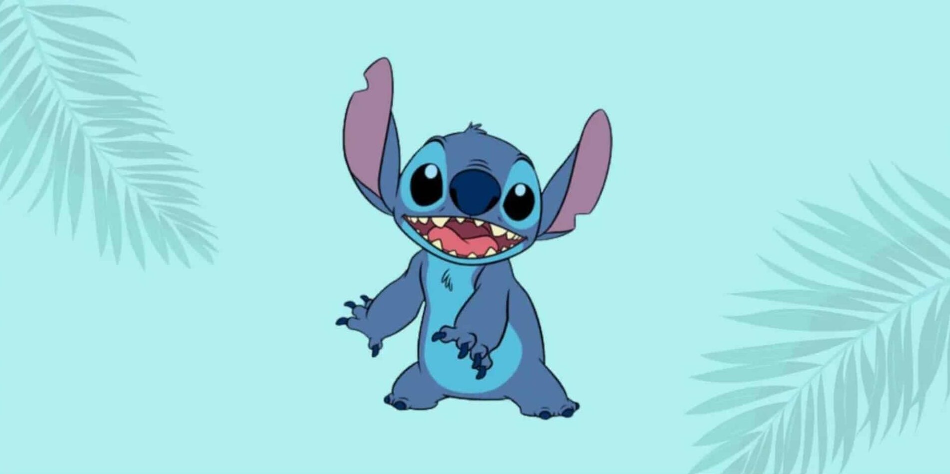 An illustration of the blue alien character Stitch from Disney's Lilo & Stitch franchise, shown standing with a wide, open-mouthed smile, large black eyes, and long ears, against a light blue background with blurred palm leaf outlines