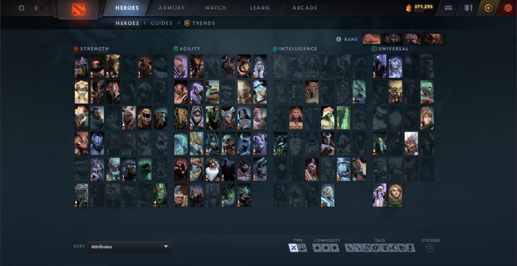 Dota 2 Heroes menu showing hero portraits sorted by attributes