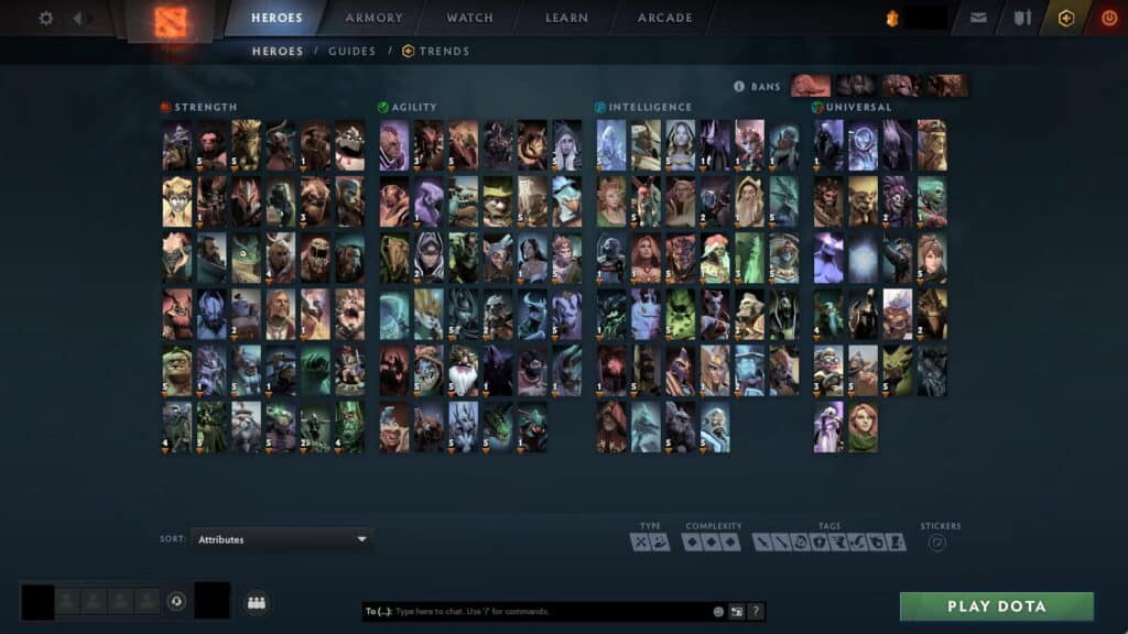 Dota 2 heroes grid in the Heroes menu sorted by Strength, Agility, Intelligence, and Universal attributes