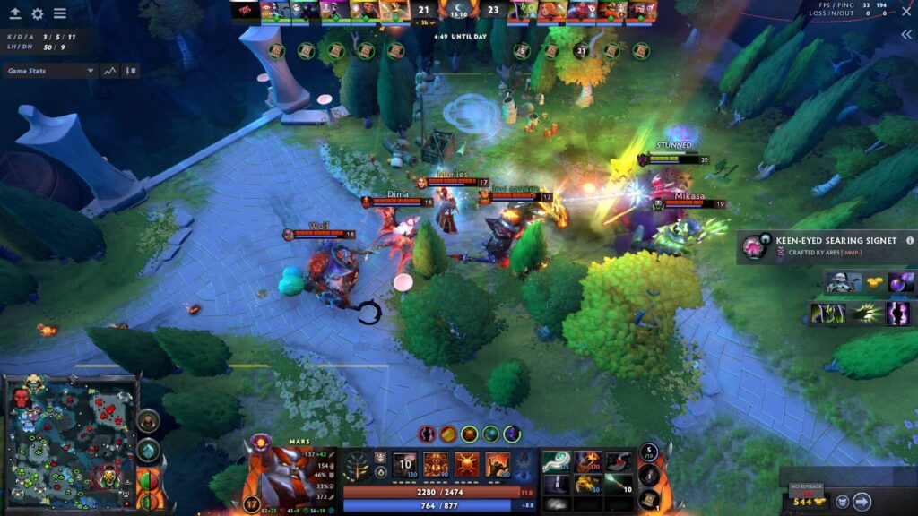 Dota 2 gameplay showing a teamfight with Mars