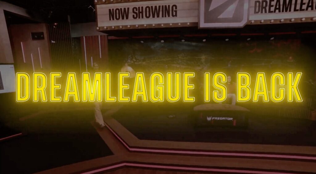 Eine Bühnengrafik mit der Aufschrift „DreamLeague is Back“, die die Rückkehr der DreamLeague-Saison 28 mit ihrer dreistufigen Gruppen- und Playoff-Struktur darstellt.