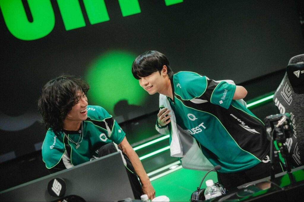 FlyQuest players Gryffinn and teammates laugh and talk between games on stage, highlighting the team’s confident and ahead-of-expectations performance in LCS 2026 Lock-In.