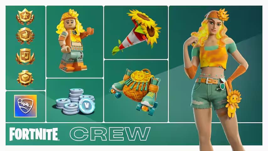Das Rasterbild zeigt die Fortnite-Crew-Belohnungen vom Februar 2026, darunter das Soleil-Outfit, eine Minifigurenversion im LEGO-Stil, eine Spitzhacke, Rückenschmuck und V-Bucks.