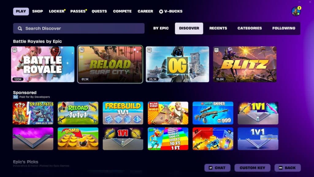 Menu Scopri di Fortnite che mostra la playlist OG prima dell'evento live Tempesta di ghiaccio del 15 febbraio 2026