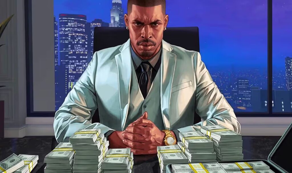 An illustration from Grand Theft Auto Online of a male character in a white suit and black tie sitting at a desk in a high-rise office at night, surrounded by large piles of U.S. cash