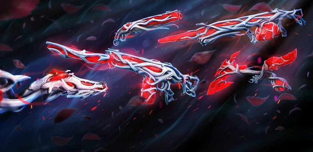 Ein Bild, das die Gaia's Vengeance 2.0-Sammlung von Waffen-Skins aus dem Spiel Valorant zeigt, darunter Fantasy-Schusswaffen und eine zweihändige Nahkampfwaffe mit organischen, knorrigen, baumartigen Designs und leuchtend roten Kristallakzenten