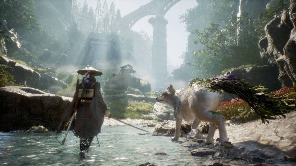 Ghost of Yōtei gameplay scene with warrior and white wolf companion