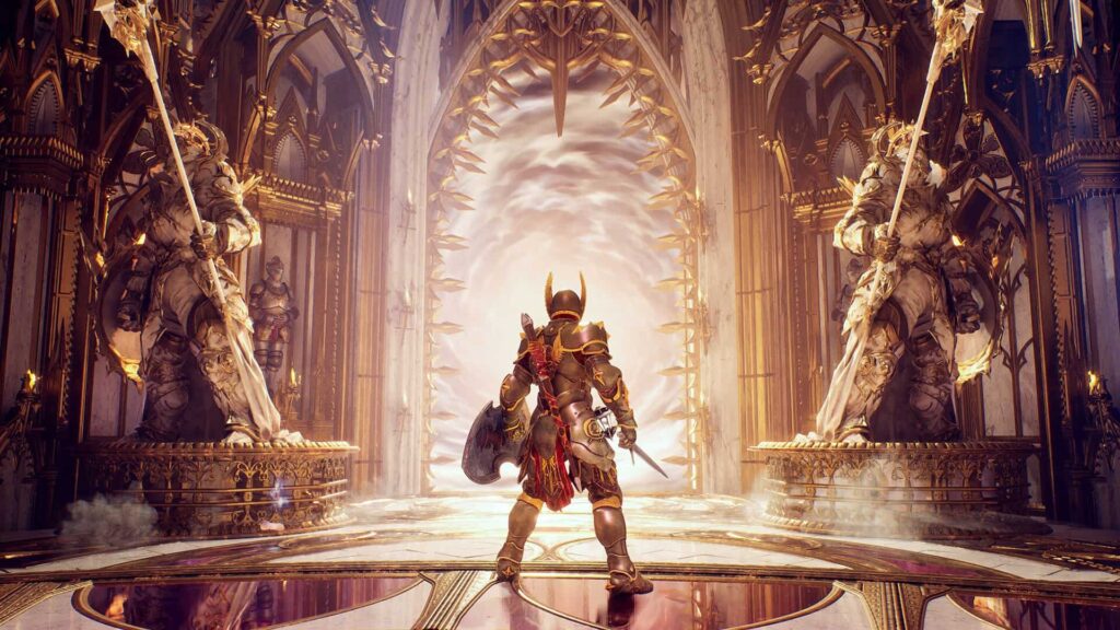 God of War Trilogy Remake scene with Kratos facing a golden portal