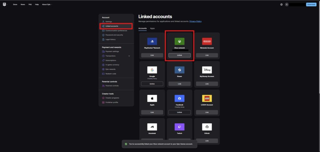 Der Bildschirm mit den Kontoeinstellungen von Epic Games zeigt das Menü „Verknüpfte Konten“ und das Xbox-Netzwerk ist als erfolgreich verbunden markiert.