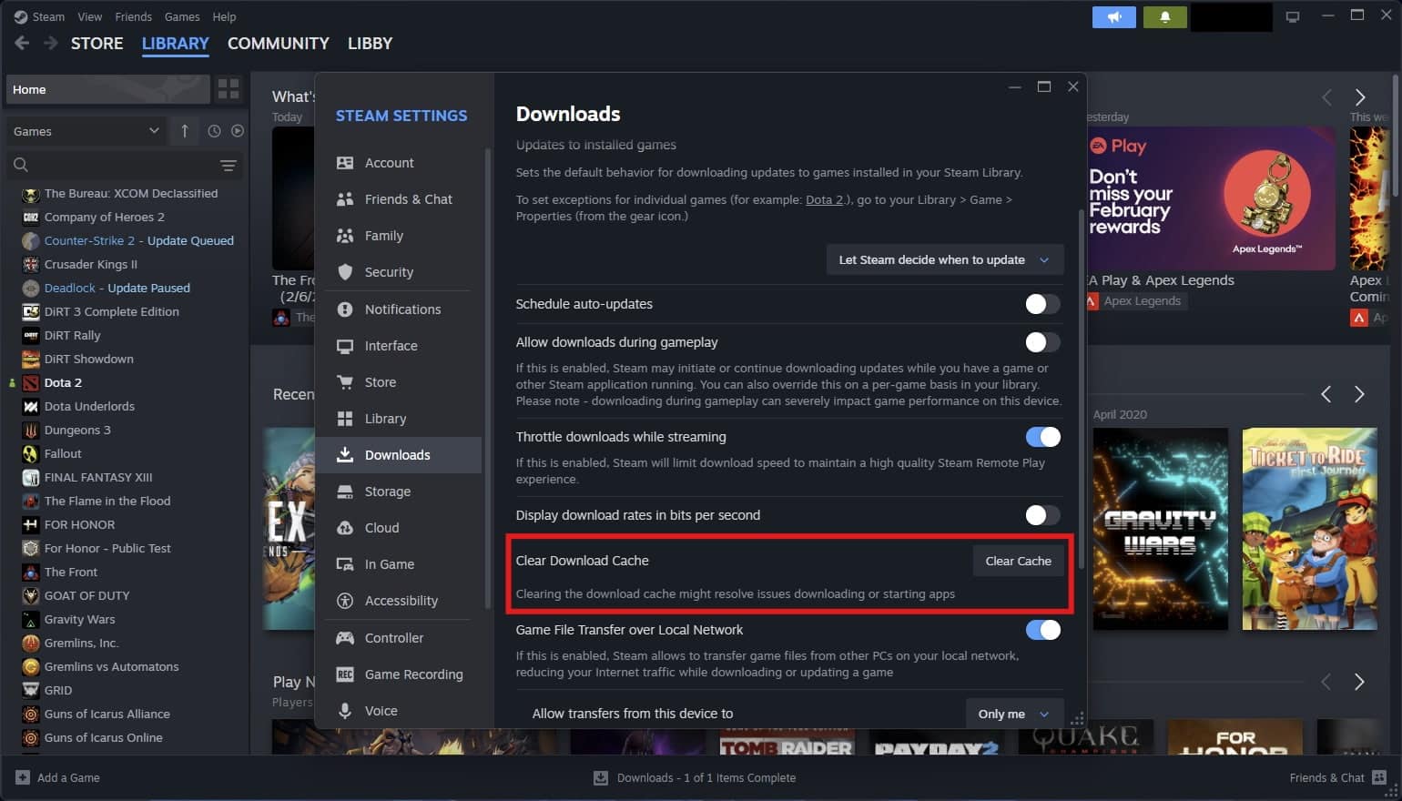 Ein Bild des Einstellungsmenüs „Downloads“ des Steam-Clients. Das Menü zeigt Optionen zum Konfigurieren des Download-Verhaltens an, z. B. zum Planen von Updates, zum Zulassen von Downloads während des Spiels und zum Drosseln der Download-Geschwindigkeit. Die Schaltfläche „Download-Cache löschen“ ist deutlich hervorgehoben, zusammen mit einer Beschreibung, die darauf hinweist, dass dadurch möglicherweise Probleme beim Herunterladen oder Starten von Apps behoben werden