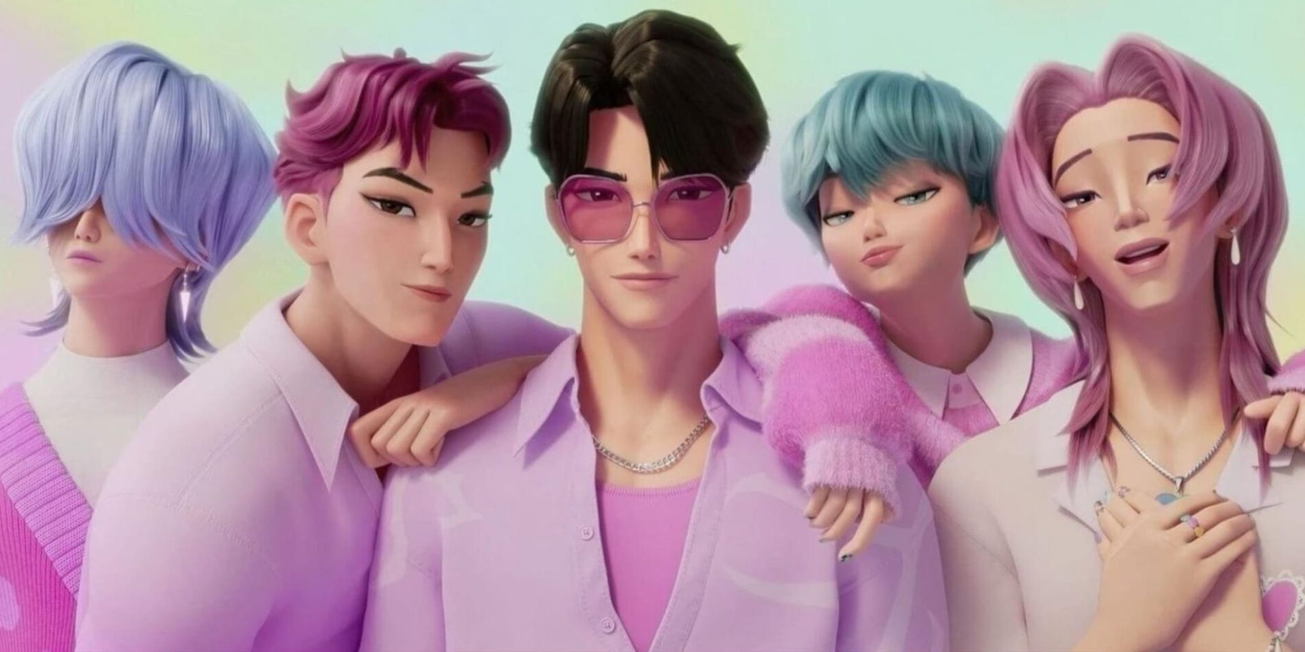 The image is an illustration of the five members of the fictional K-pop boy band the Saja Boys from the 2025 Netflix animated film KPop Demon Hunters
