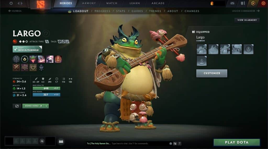 Dota 2 hero Largo shown in the Heroes menu with stats, abilities, and cosmetic loadout visible
