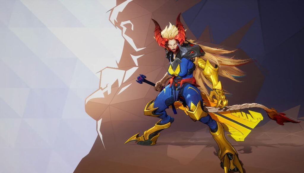 The image displays the character Magik, also known as Illyana Rasputin, in her demonic form as a special character variation or skin within the game Marvel Rivals. She is wearing an X-Men inspired uniform in yellow and blue, with gold armor pieces, large red horns, and a demonic tail