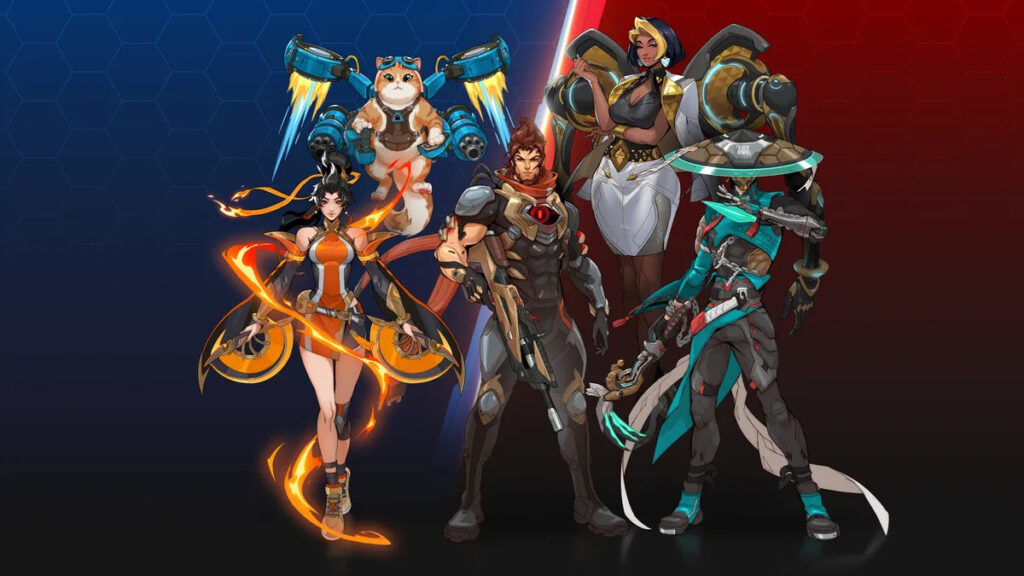 Overwatch Season 1 new heroes lineup showing Anran, Domina, Emre, Jetpack Cat, and Mizuki on a split blue and red background
