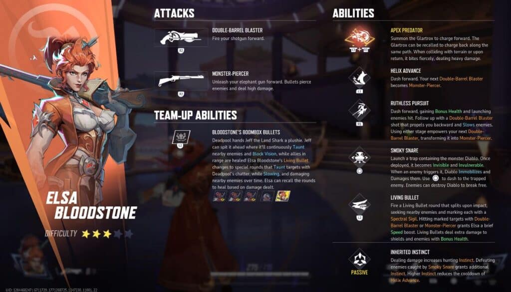 La pantalla de habilidades de Elsa Bloodstone muestra ataques e íconos de habilidades en Marvel Rivals