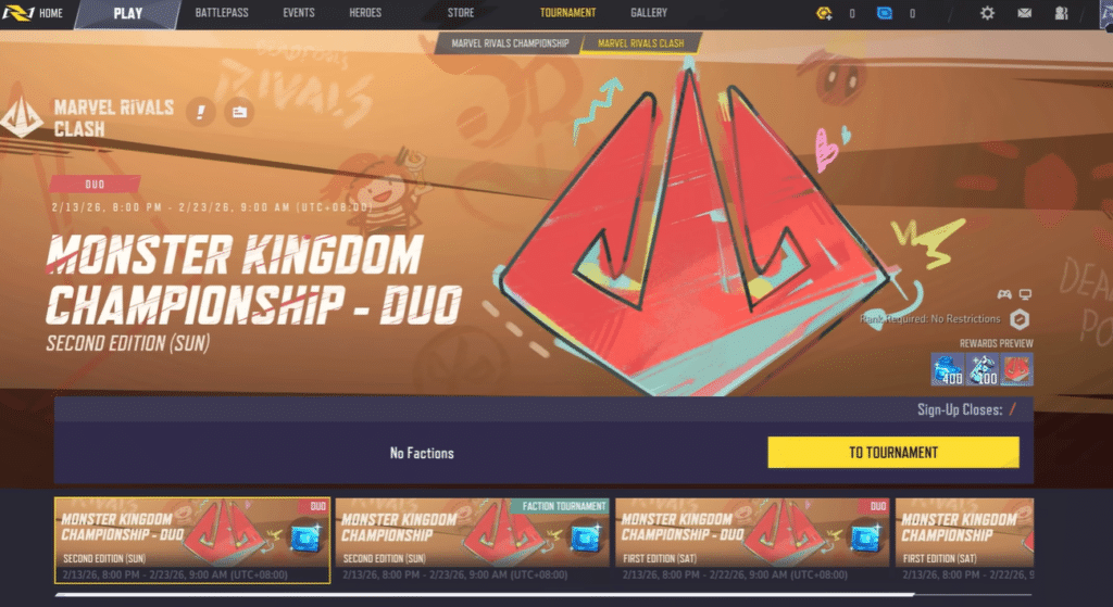 Startbildschirm des Marvel Rivals-Menüs für die Monster Kingdom Championship 