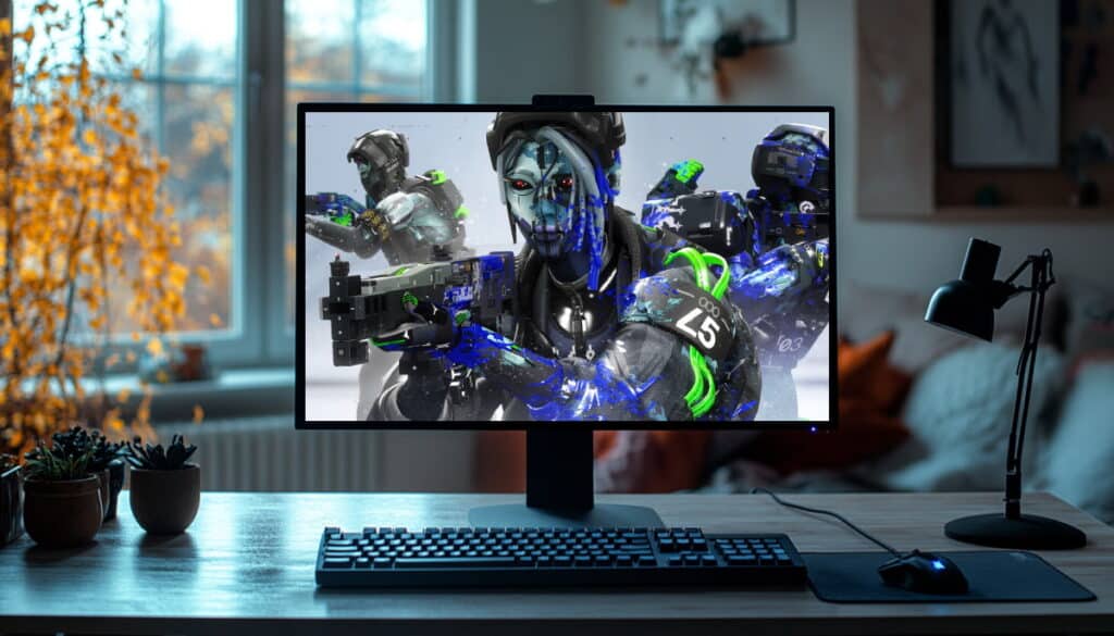 A computer monitor showing a Marathon game scene with four armored sci-fi characters, one aiming a futuristic weapon in the foreground.
