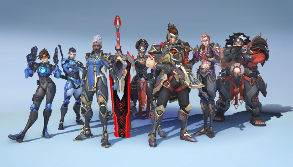 Overwatch heroes standing together in updated armor and Talon themed designs on a neutral background