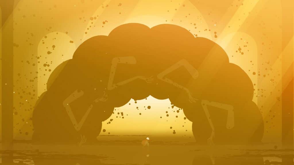 Neva Prologue DLC golden-toned scene with giant shadow figure