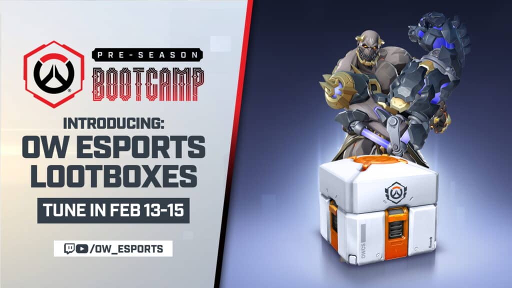 OWCS Pre-Season Bootcamp E-Sport-Lootboxen mit Doomfist-Skin-Werbegrafik