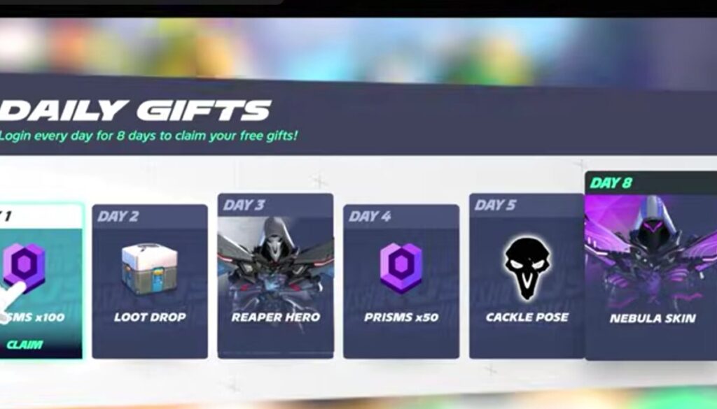 Overwatch Rush Daily Gifts screen showing Reaper hero and Nebula skin rewards