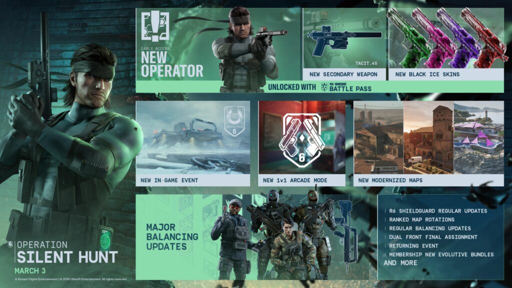 Six Siege Season 1 Operation Silent Hunt featuring Solid Snake, new weapon, modes, balance changes and more
