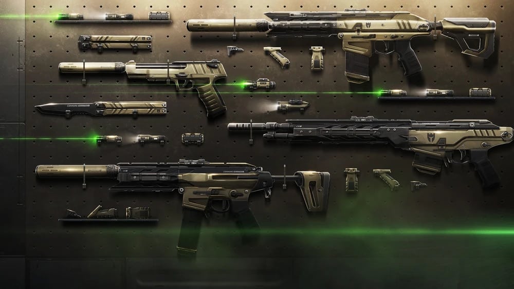 Ein Bild der Waffen-Skins der Recon Collection aus dem Spiel Valorant, mit mehreren taktischen Gewehren, einer Maschinenpistole, einer Pistole und einem Messer, montiert auf einer Anzeigetafel mit grünen Laserakzenten