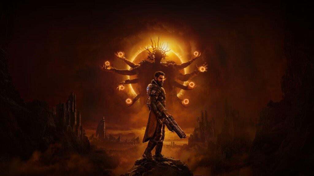 Saros key art with armored character and solar eclipse figure