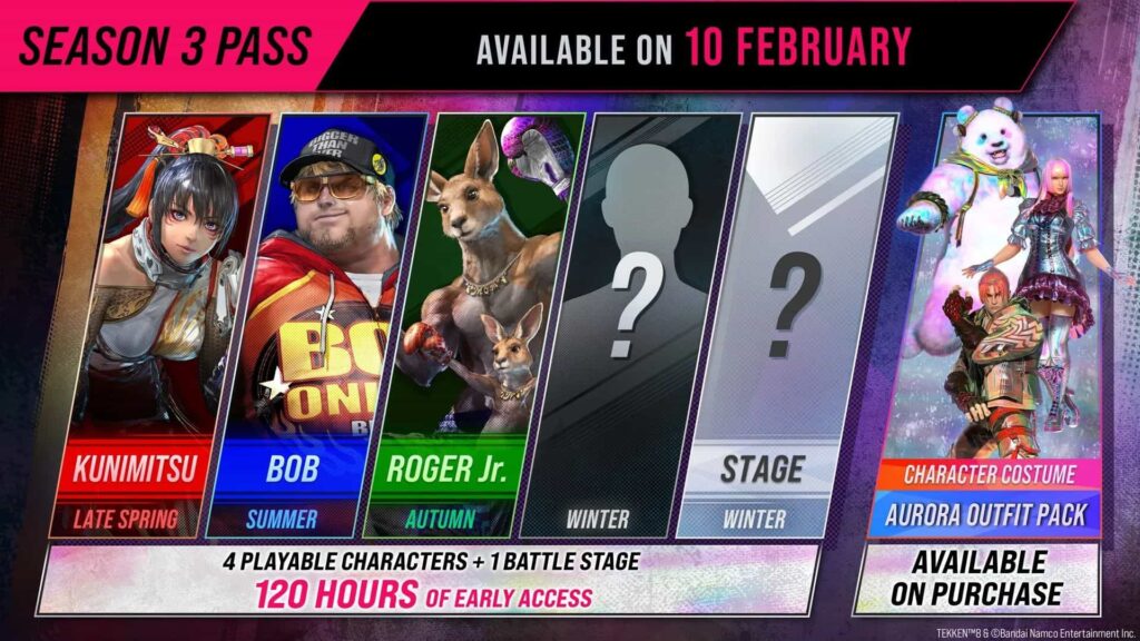 Das Bild zeigt Details zum Tekken 8 Season 3 Pass, der am 10. Februar erhältlich ist und neue Charaktere und Inhalte enthält