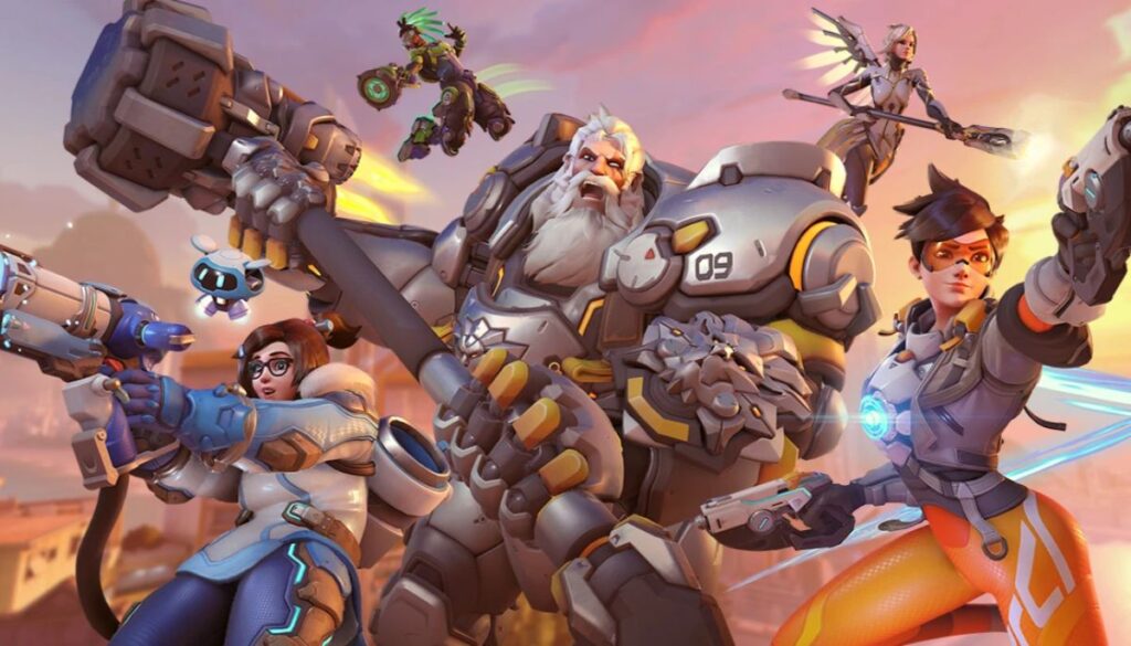Overwatch heroes in combat poses including Reinhardt, Tracer, Mei, Lucio, and Mercy