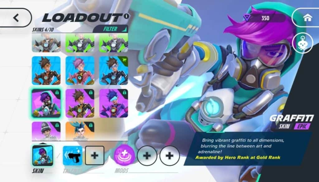 Tracer loadout screen in Overwatch Rush showing the Graffiti Epic skin