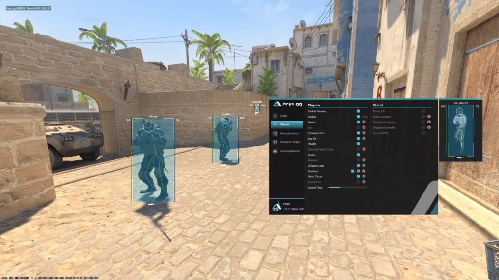 An in-game screenshot from Counter-Strike 2 showing a third-party cheat menu overlay labeled "anyx.gg" on the right side of the screen. The menu displays options under categories like "Players" and "World," with toggles for features such as Health and Armor ESP (Extra Sensory Perception), which visually outline player models through walls