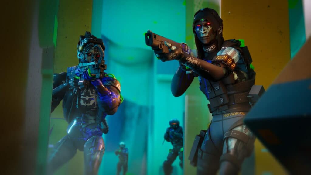 A screenshot from the game Marathon showing a character in dark, futuristic armor with a red visor aiming a pistol in a cramped, industrial hallway, with another character similarly armored to the left and two others visible in the background
