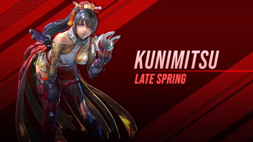 Ein Werbebild für das Videospiel Tekken 8 zeigt die wiederkehrende Figur Kunimitsu, eine Ninja-Frau, die Waffen schwingt und eine Fuchsmaske trägt.