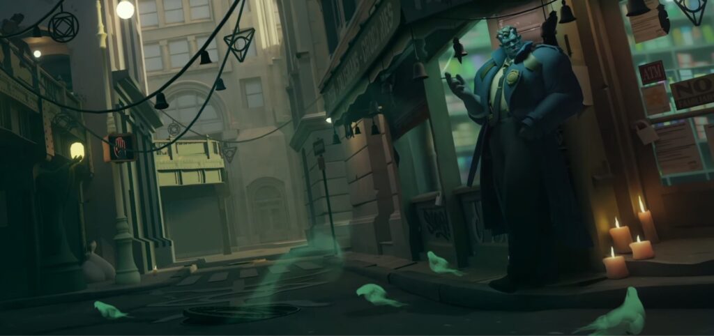 Deadlock-Umgebung im Spiel, die einen einsamen Helden zeigt, der in einer düsteren Stadtstraße steht und den Übergang weg von einer separaten Ranglistenwarteschlange darstellt.