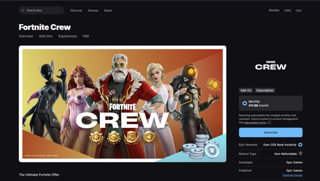 Epic Games Store-Seite mit der Fortnite Crew-Abonnementübersicht mit mehreren Fortnite-Charakteren und hervorgehobenem monatlichen Abonnementpreis.