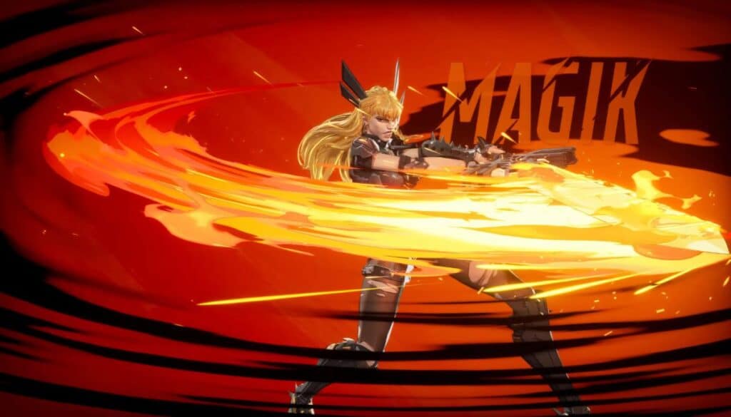 The image displays the character Magik, also known as Illyana Rasputin, an intimidating swordswoman and duelist from the game Marvel Rivals. She is shown in an action pose, wielding her signature Soulsword, a large blade that glows with fiery, mystical energy