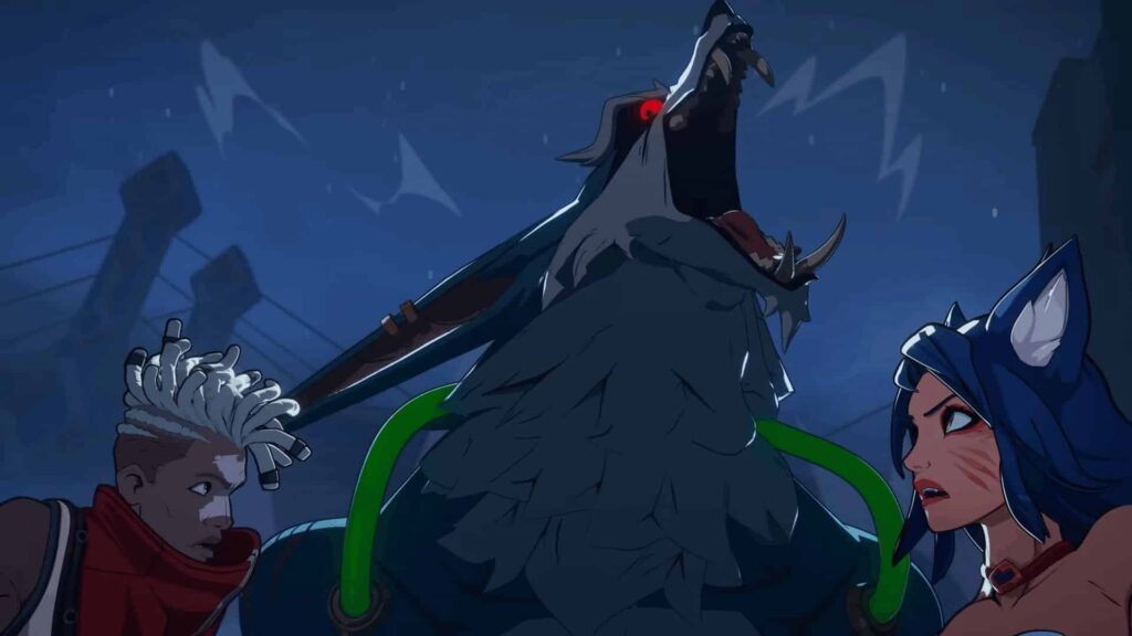 Ekko e Ahri affrontano una bestia imponente con gli occhi rossi luminosi in una scena buia, che simboleggia le sfide dietro i licenziamenti per 2XKO.