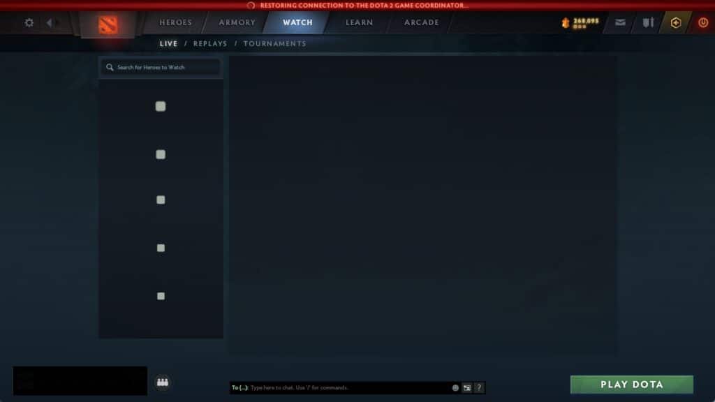 Ein Bild der Benutzeroberfläche des Dota 2-Spielclients mit der Registerkarte „WATCH“. Ein rotes Banner oben zeigt „VERBINDUNG ZUM DOTA 2-SPIELKOORDINATOR WIEDERHERSTELLEN“ an.
