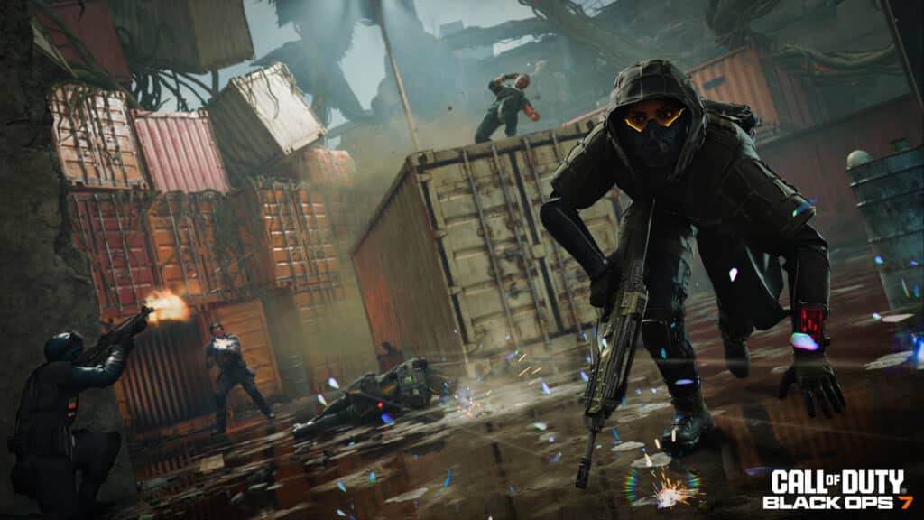 Image of Call of Duty Black Ops 7 player running while crouched and holding a rifle while enemies fire weapons at each other in the background