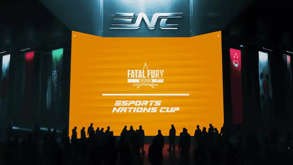 Image of Fatal Fury: City of the Wolves and Esports Nations Cup logos on an orange background