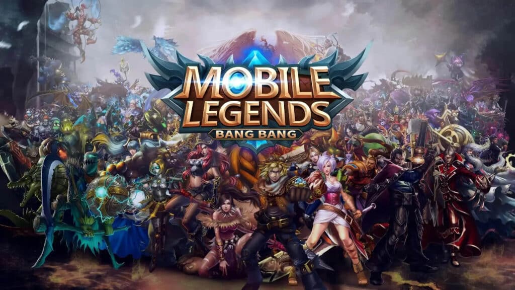 Image of Mobile Legends: Bang Bang logo with a crowd of champions in the background