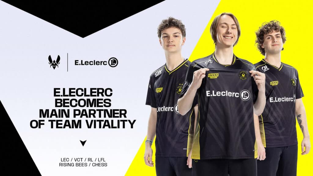 Image of Team Vitality players wearing black jerseys displaying E.Leclerc logo on a yellow, white and black background