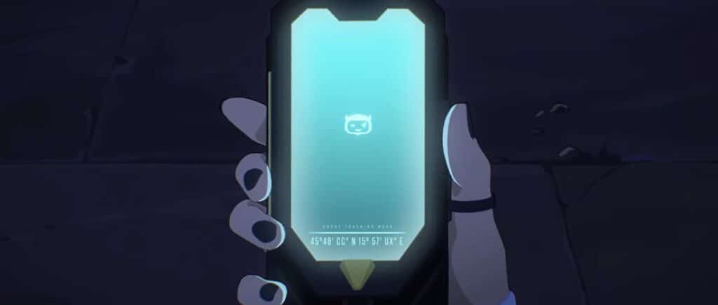 Hand holding a device screen showing coordinates in VALORANT
