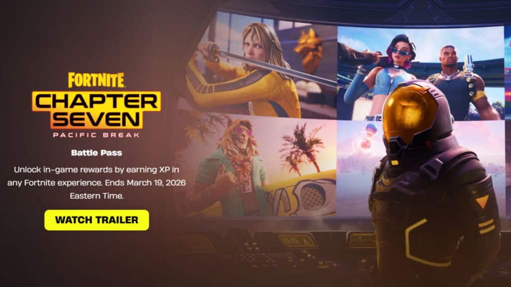 Schermata del Battle Pass di Fortnite Capitolo Sette Pacific Break che mostra la data di fine del 19 marzo 2026