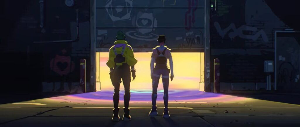 Killjoy and Clove standing in a doorway in a VALORANT cinematic