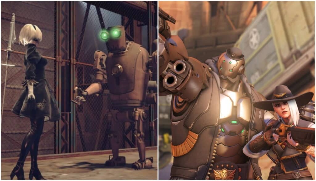 2B di NieR Automata con un robot e Ashe con Bob in Overwatch 2