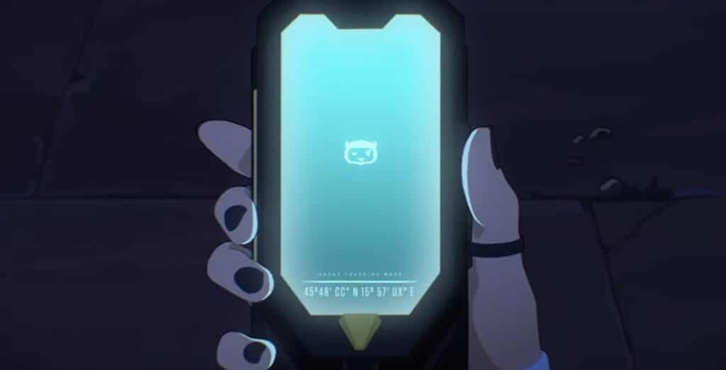 Hand hält ein Gerät, das GPS-Koordinaten in einem VALORANT-Film anzeigt