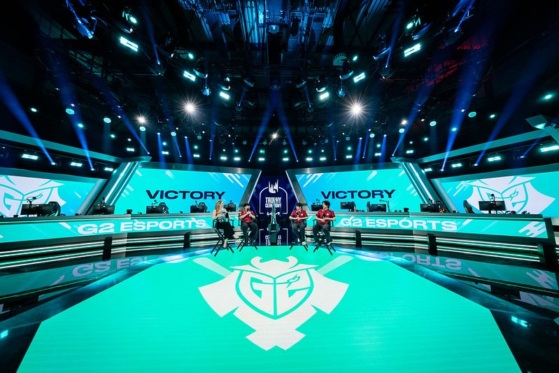 LEC Spring Champions G2 sit on stage being interviewed