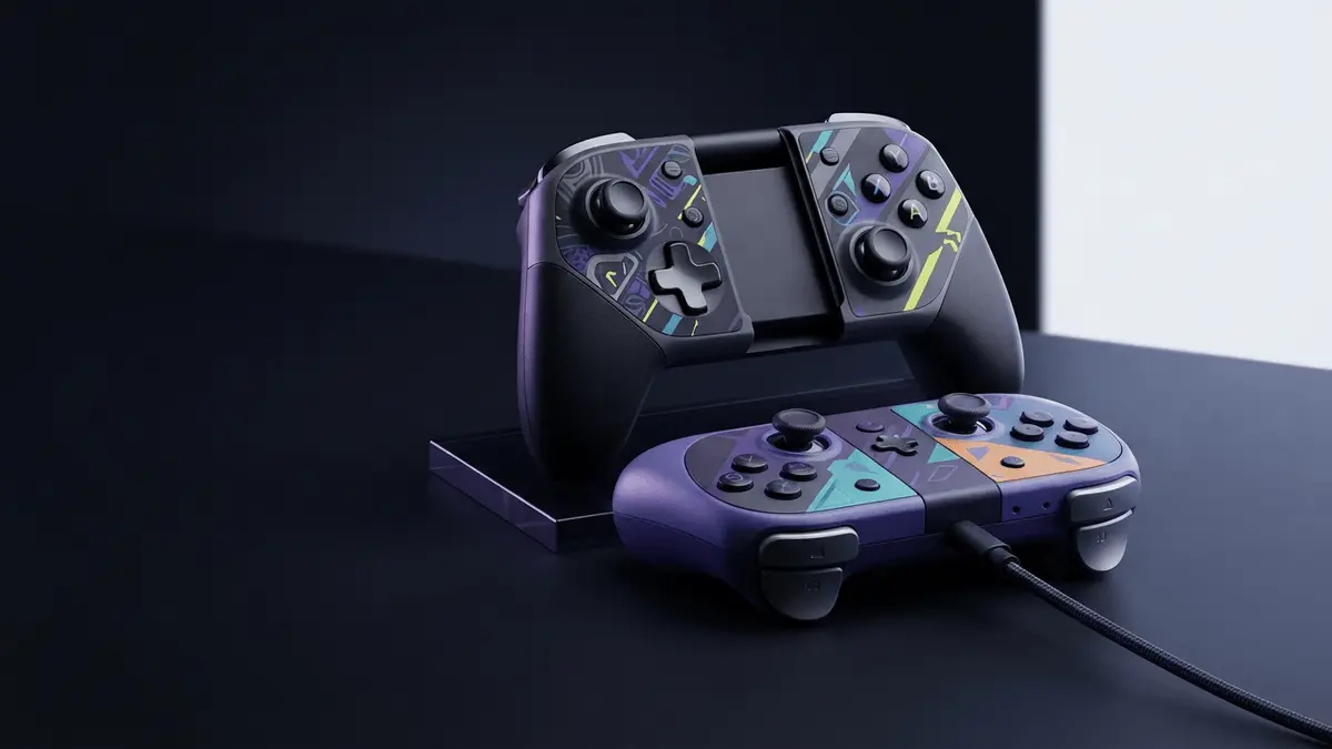 Two Fortnite-inspired mobile gaming controllers presented in a polished esports editorial product scene